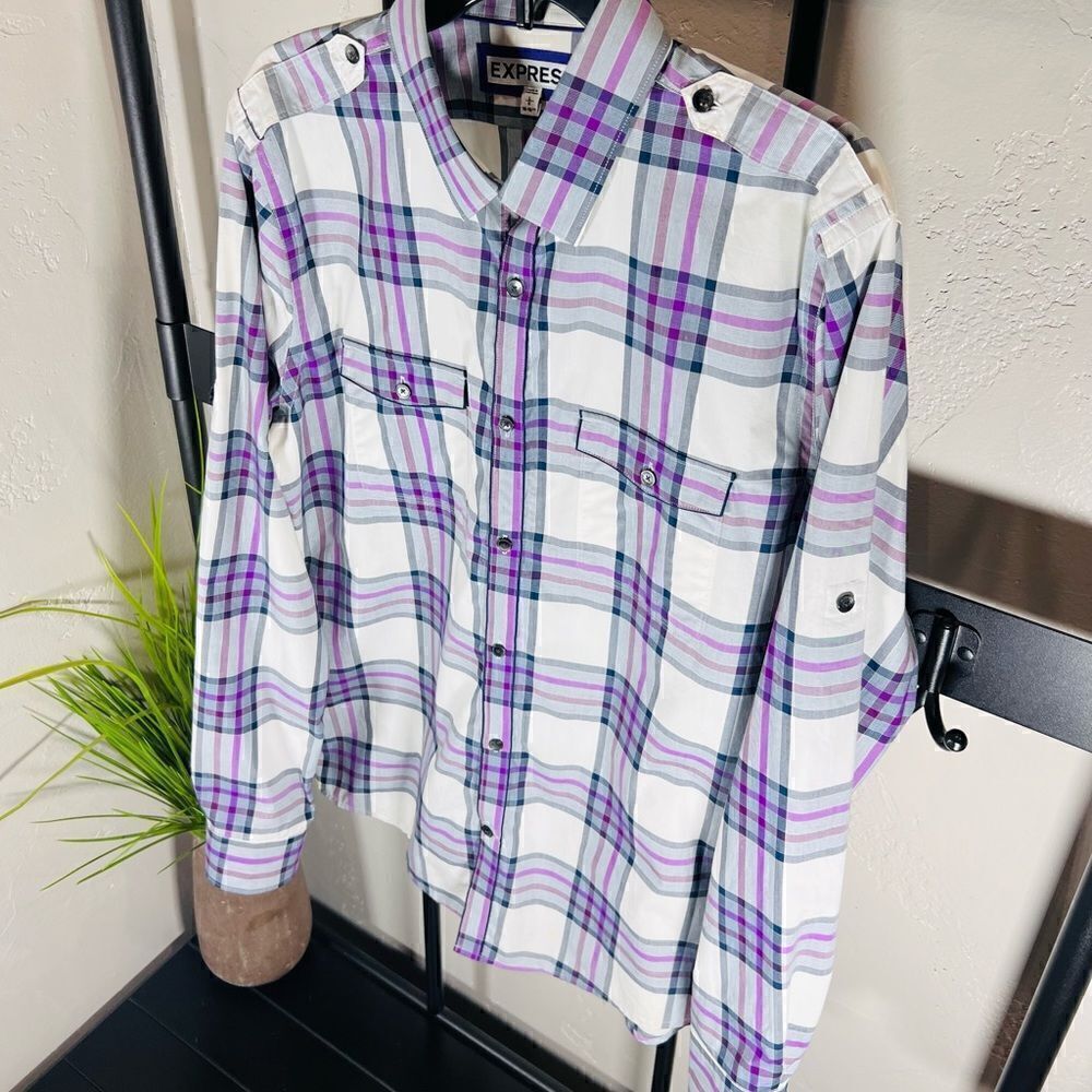 Express Fitted Button Down Long Sleeve Shirt Purp… - image 6